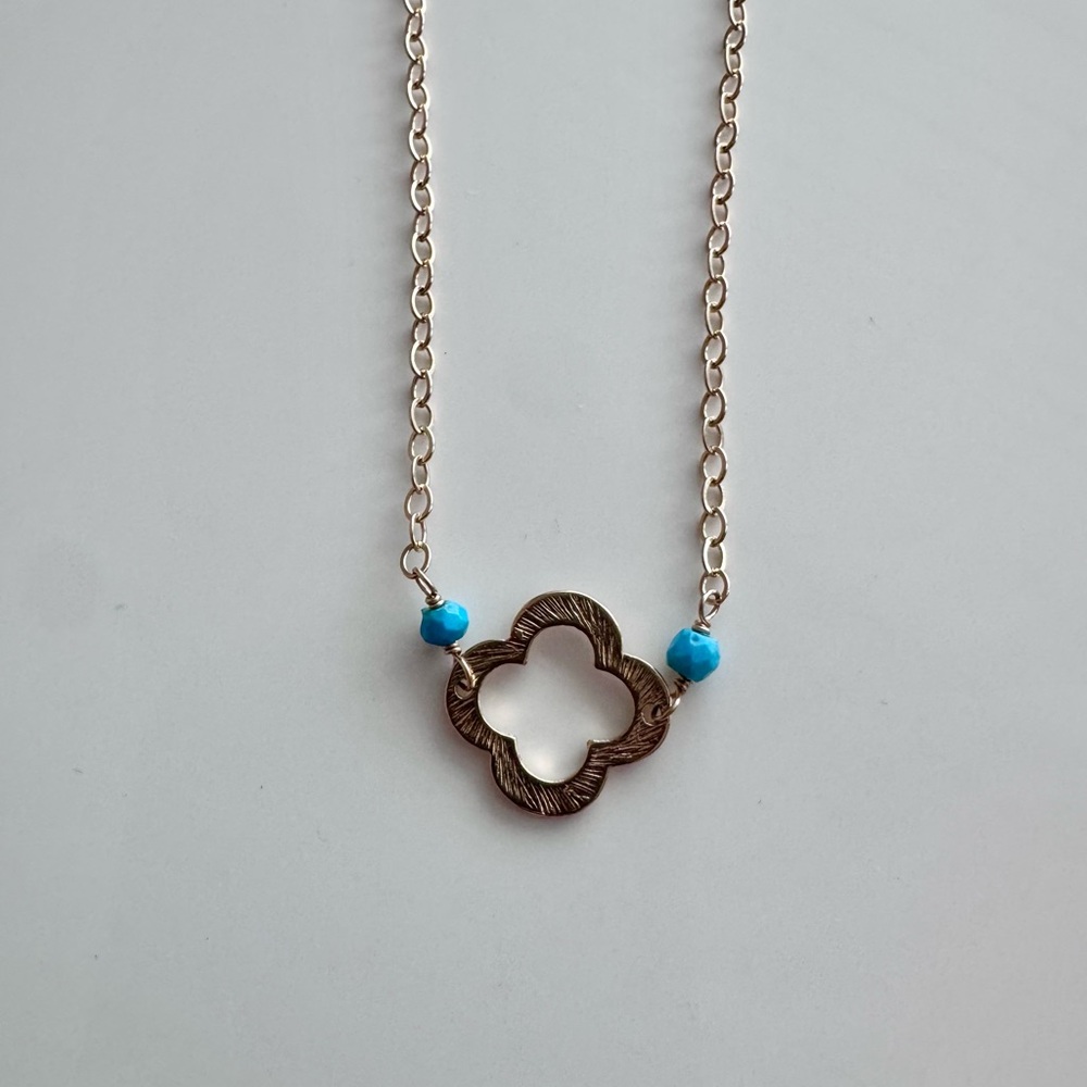 Gold Clover Pendant Necklace with Turquoise Beads - Women Jewelry